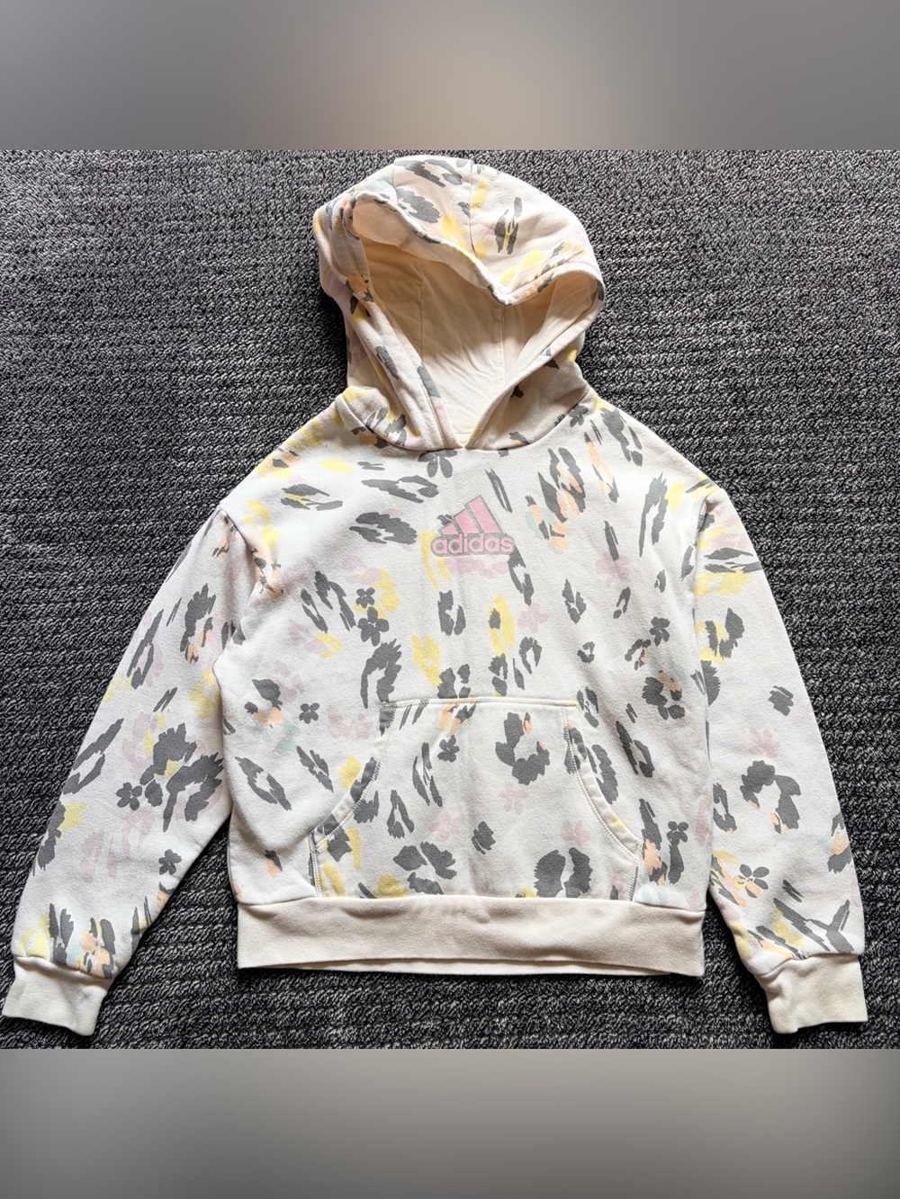 Adidas Girl Hoodie (7/8) Cream Pullover Loose Fit Sweatshirt Floral Animal Print